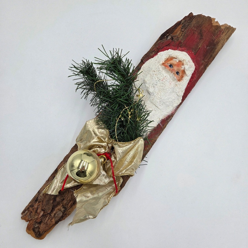 Paper Mache Santa on Wood Bark Rustic Cabin Decor Hand Painted Christmas Holiday